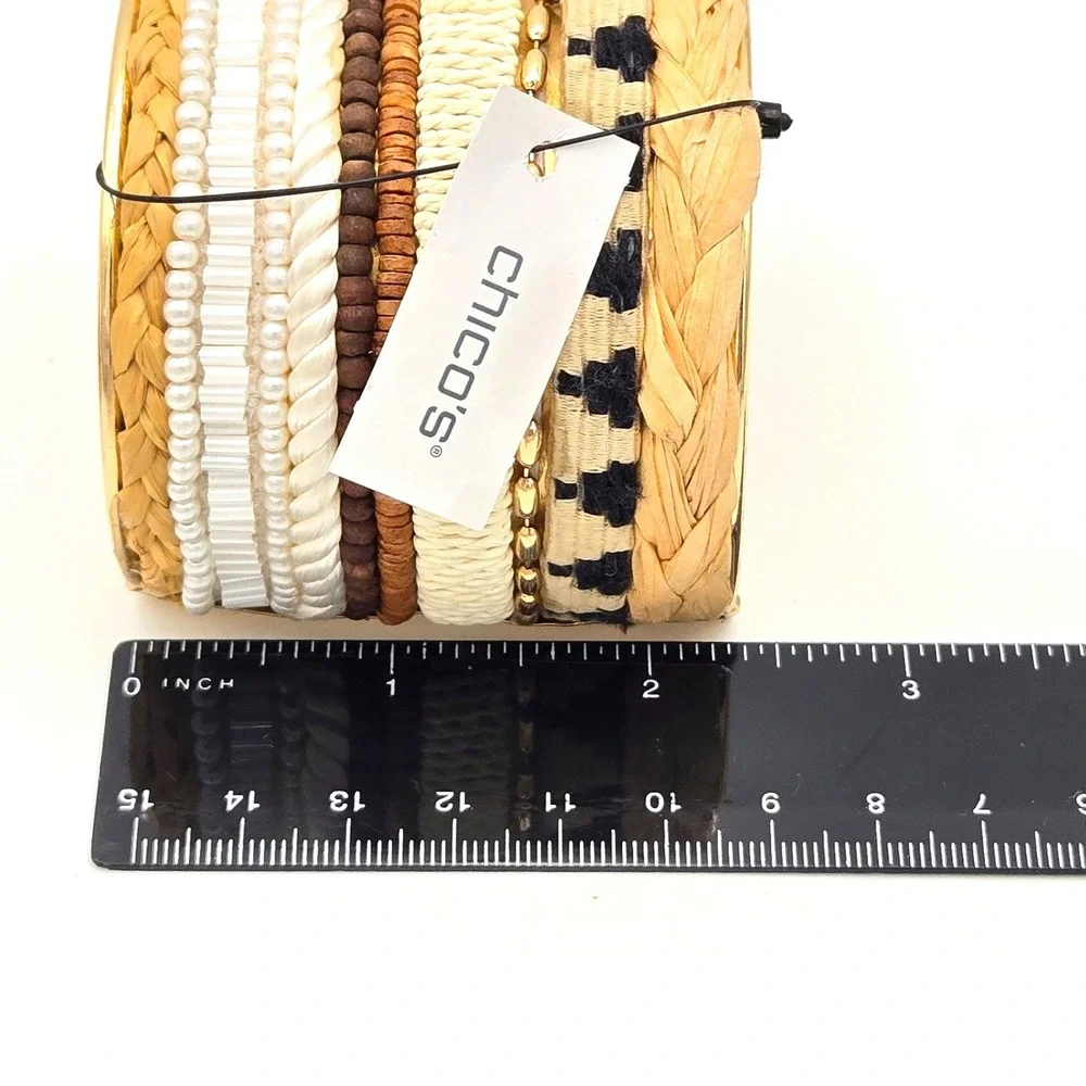 Chico's Global Textures Cuff & Amelia Stretch Tassel Bracelet Set NWT Gold Wood